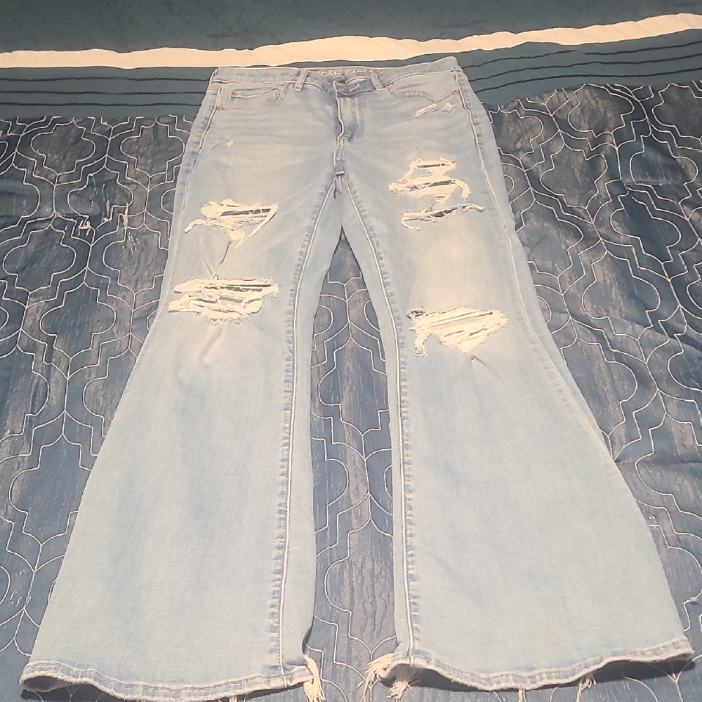 American Eagle Outfitters Light Blue Distressed Flare Jeans